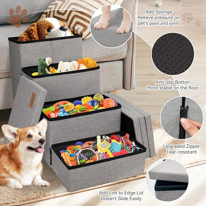 Dog Stairs with Storage 23" H, 4-Step Wider Dog Steps for High Beds Window, Folding Sturdy Pet Stairs Gift for Injured Old Dogs Cats, Ramp for Climbing Car Up to 200 lbs,(Gray, No Condo)