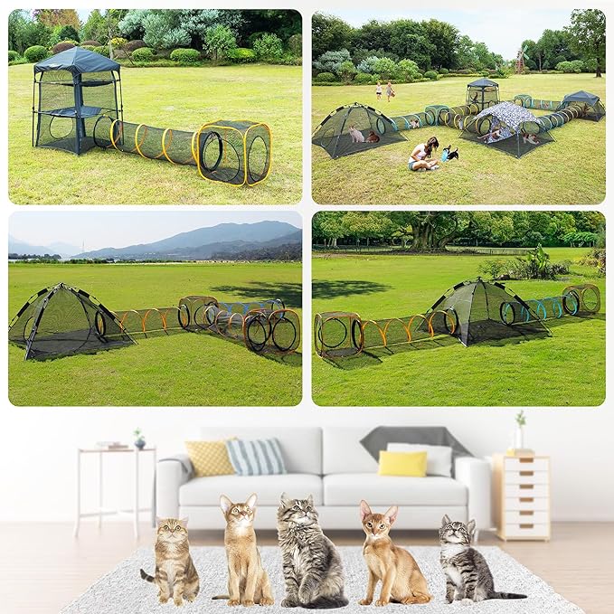 Pet Play Tunnel + Cube(with Three Ways) for Indoor and Outdoor, Kitty Play House, Cat Enclosures, Collapsible Cat Tent, Cage, Kitten Toys Easy to Connect with Kitty Tent（2 Cubes + Run Tunnel）
