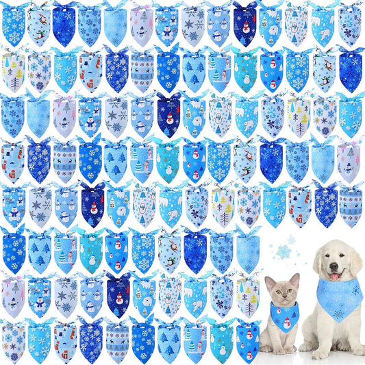 Abbylike 100 Pieces Winter Dog Bandanas Bulk Blue Snowflake Dog Bandanas for Pets Triangle Kerchief Scarf Bibs for Winter Pets Cats Party Costume Accessories