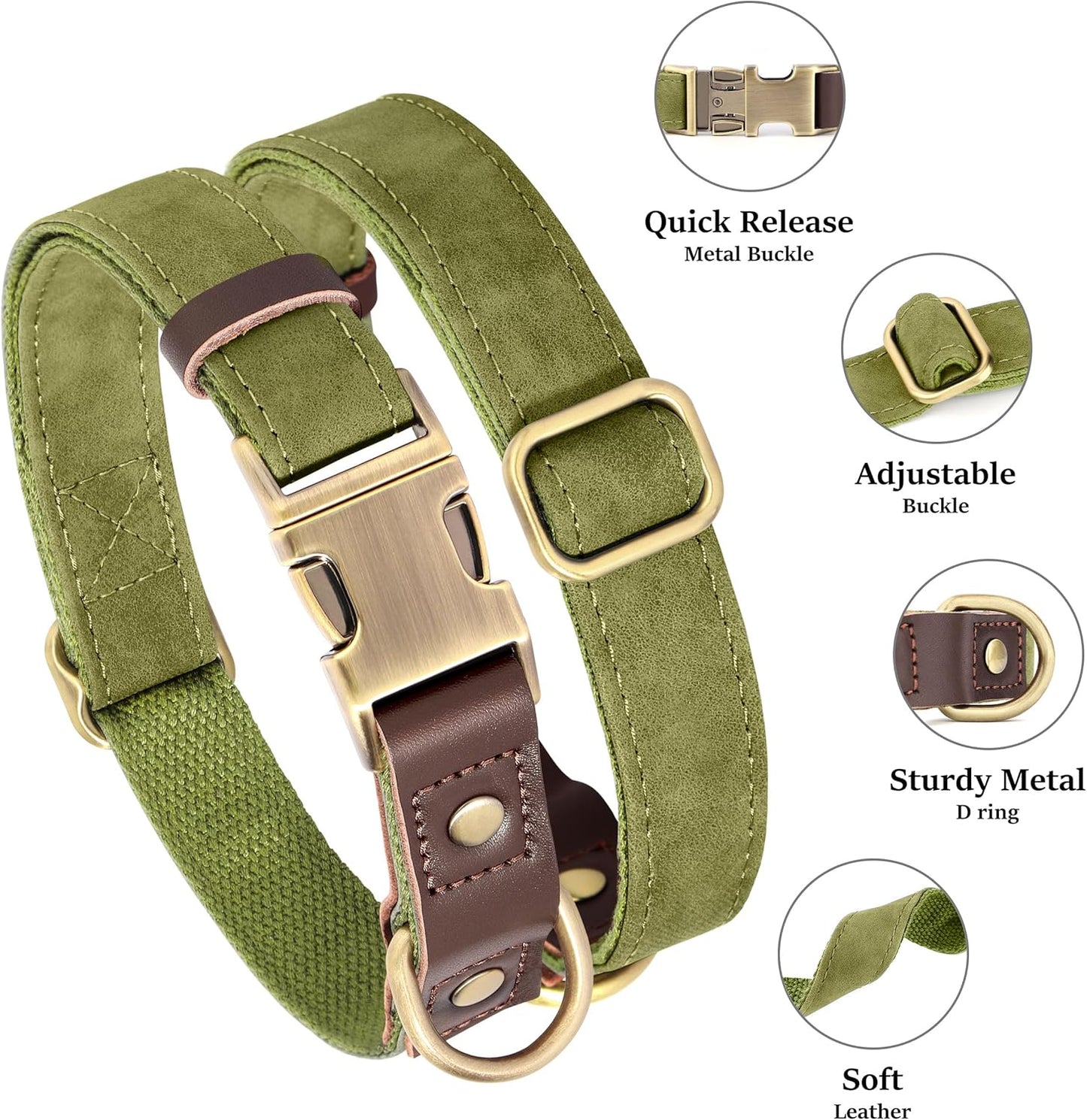Didog Soft PU Leather Dog Collars for Medium Dogs,Classic Adjustable Dog Collars with Quick Release Metal Buckle,Easy Clean and Comfortable with Nylon Lining,Olive Green,M Neck 13-19"