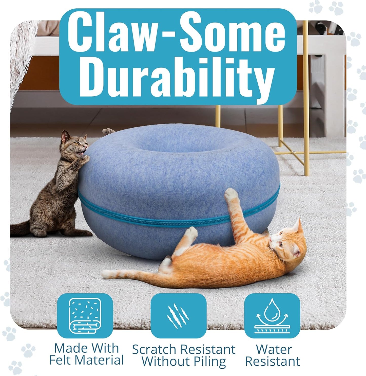 Okoco Cat Tunnel Bed for Indoor Cats Large, 24" Peekaboo Cat Cave Donut Bed for Pets up to 45lbs, 2-in-1 Round Tube with Hanging Ball Toy & Removable Machine Washable Parts (Light Blue)