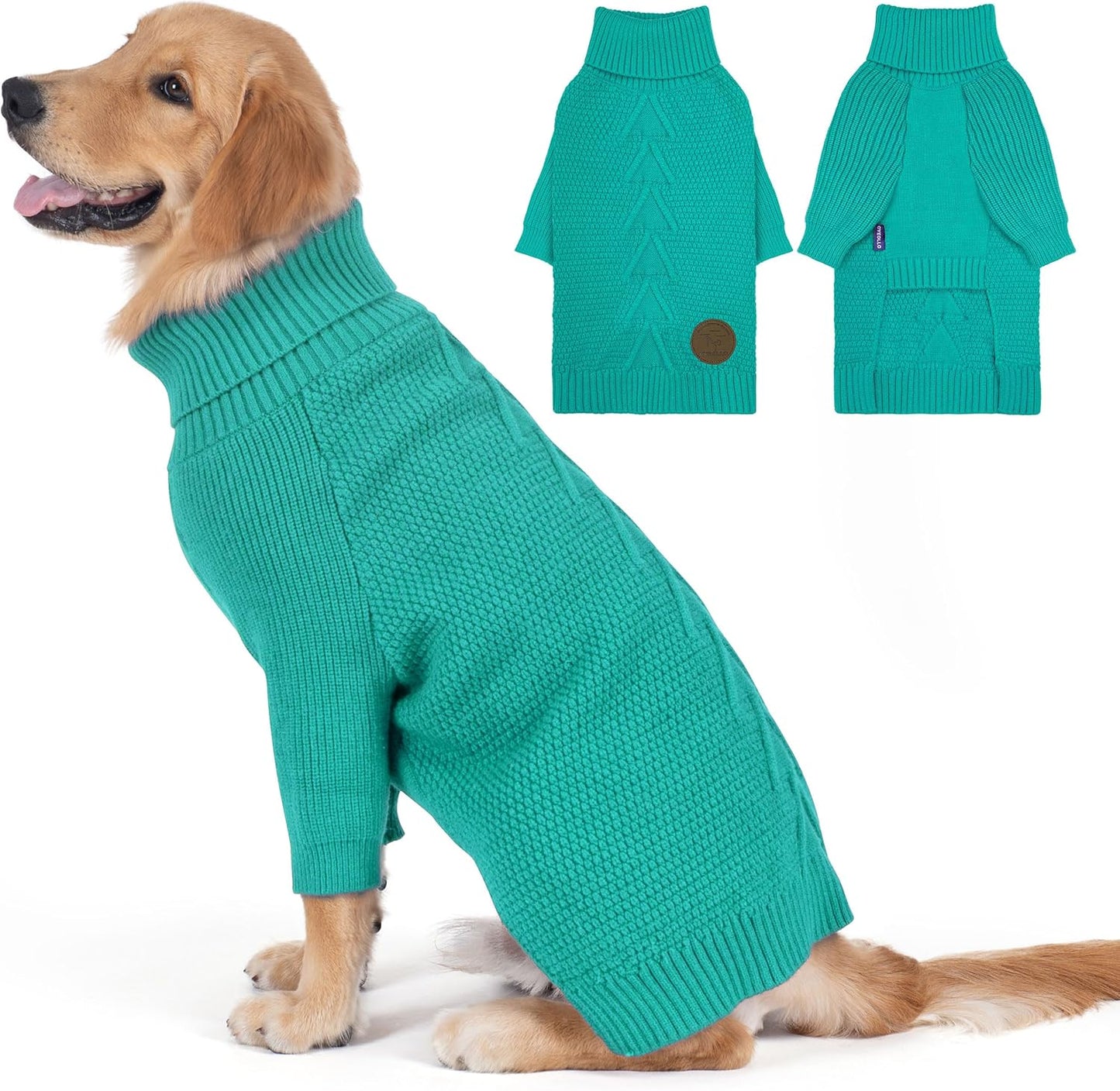 cyeollo Warm Turtleneck Large Dog Sweater, Stretchy & Cozy Knit Doggy Sweater with Sleeves Fall Winter Cold Weather Big Dog Clothes Like Doberman Labrador, Aqua Green XXXL