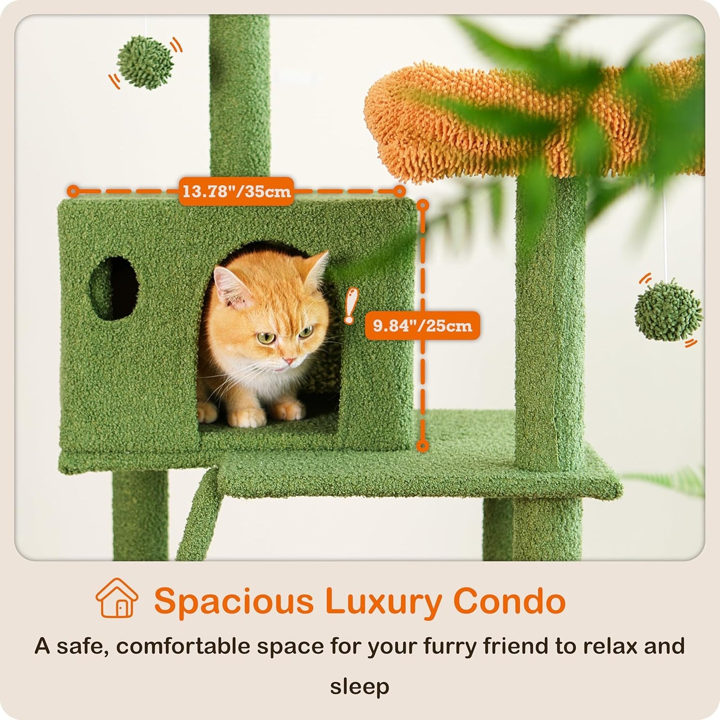 Ouritsu Cat Tree, 56 inch Tall Cat Tower for Large Cat Indoor, Large Condo, 2 Padded Perches, Steel-Framed Hammock, Scratching Post and ramp, Fluffy Basket, Green, LF001GB