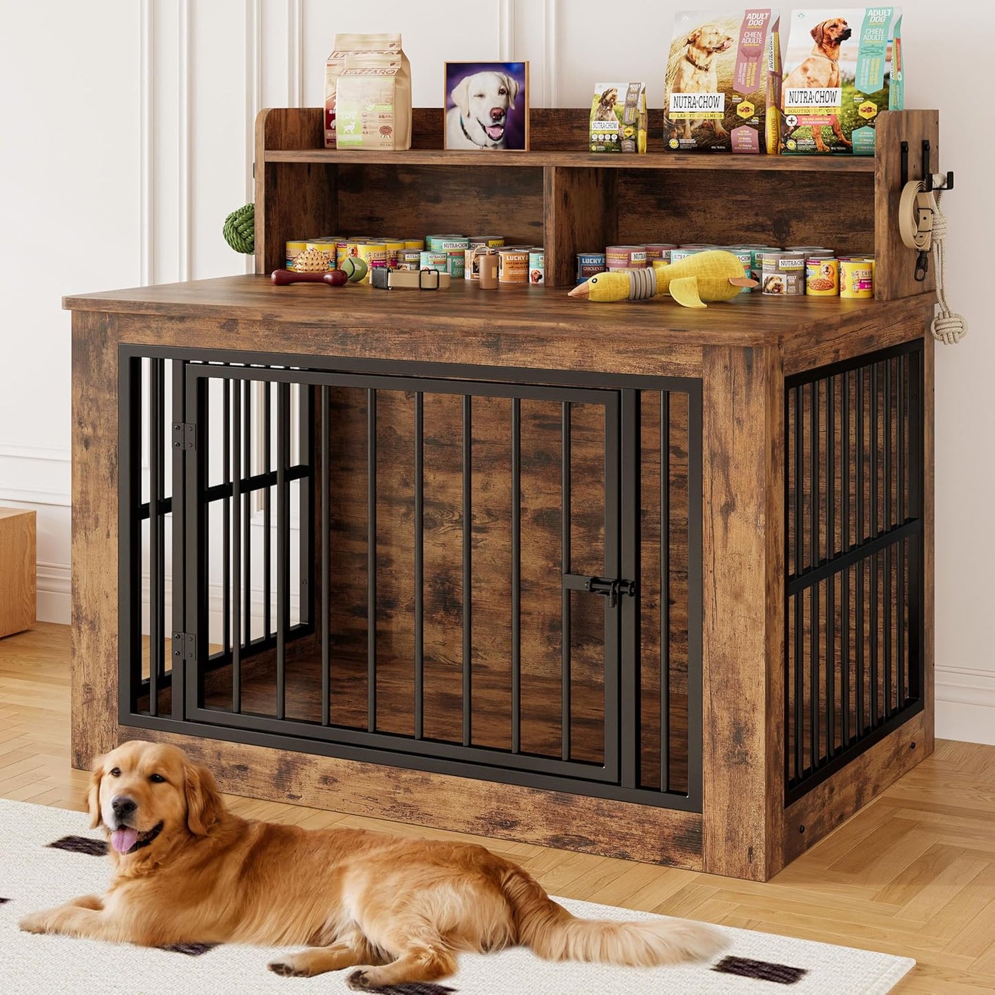 IRONCK Extra Large Dog Crate Furniture, 43.3 inches Wooden Dog Crate with Storage and 4 Hooks, Heavy Duty Pet Crate for Large Dog, Decorative Pet Cage for Indoor (30" L x 43.3" W x 41.1" H)