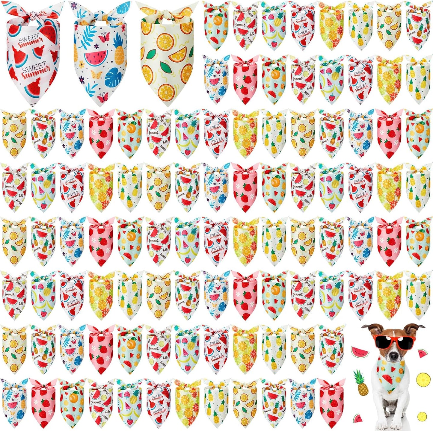 100 Pcs Fruit Dog Bandanas Bulk Summer Bandanas for Dogs Hawaiian Soft Bibs Adjustable Triangle Scarf for Small Medium Large Pet Costume