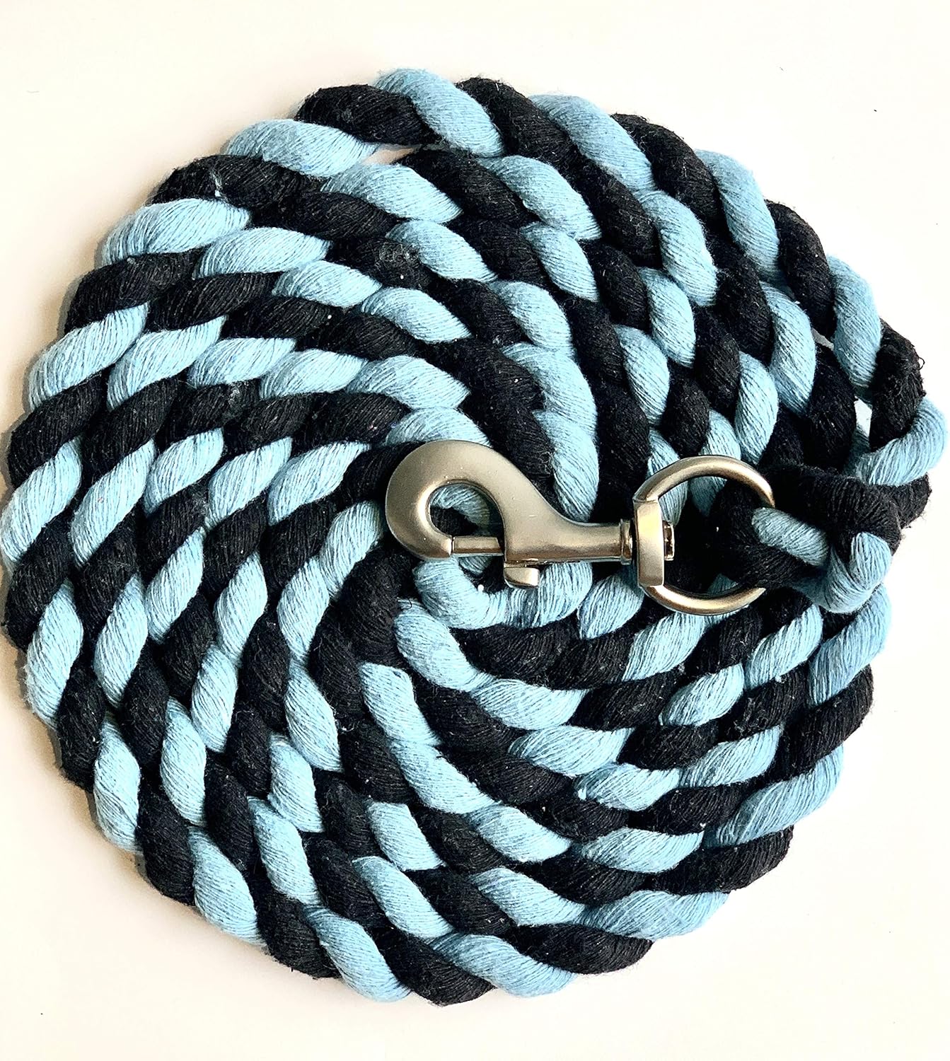Majestic Ally Pack of 2 Solid Cotton Lead Rope for Horses & Livestock – 10 Foot Long and 5/8 inch Thick - Replaceable Heavy-Duty Satin Bolt Snap – Handmade – Soft, Broken in Feel (Sky Blue - Black)