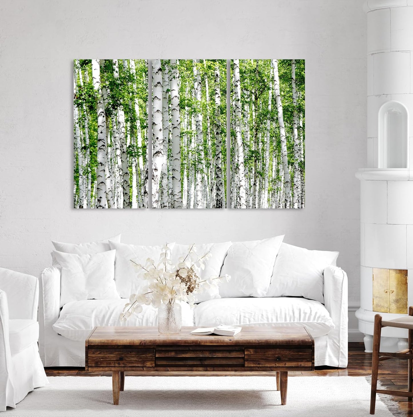 Nature Wall Art Prints - Ocean Forest Mountain Lake Canvas Landscapes - Small to Extra Large Living Room Bedroom Kitchen Bathroom Décor (Green Brich Trees, 39L" x 59W" - 3 Panels)