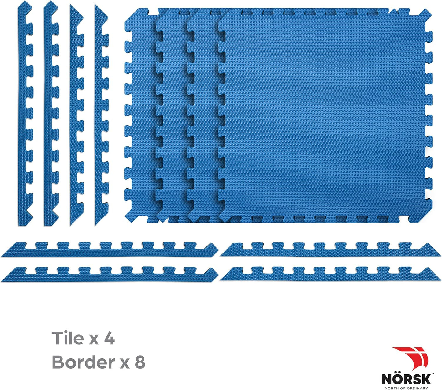 Norsk Reversible Exercise Mats 3/4" Thick EVA Interlocking Foam Tiles - Perfect for Home Gym Flooring, 28 Tiles & 56 Trim Pieces, 112 Sq. Ft. Reversible, Dazzling Blue/Black