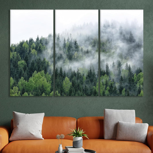 Nature Wall Art Prints - Ocean Forest Mountain Lake Canvas Landscapes - Small to Extra Large Living Room Bedroom Kitchen Bathroom Décor (Pine Trees in Fog, 39L" x 59W" - 3 Panels)