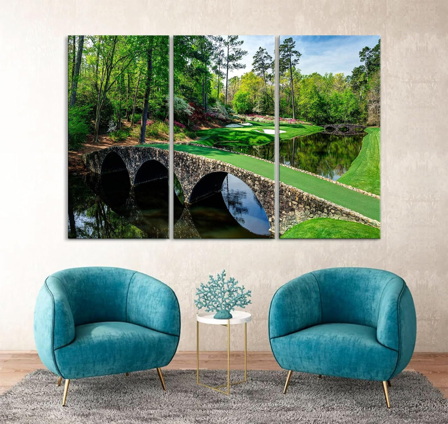 Nature Wall Art Prints - Ocean Forest Mountain Lake Canvas Landscapes - Small to Extra Large Living Room Bedroom Kitchen Bathroom Décor (Golf Course with Stone Bridge, 35L" x 53W" - 3 Panels)