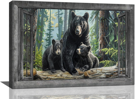 Black Bear Wall Art Forest Window Canvas Cabin Living Room Pictures Prints Animal Wall Decor Painting Artwork for Bedroom Dining Office Home 24"x16"