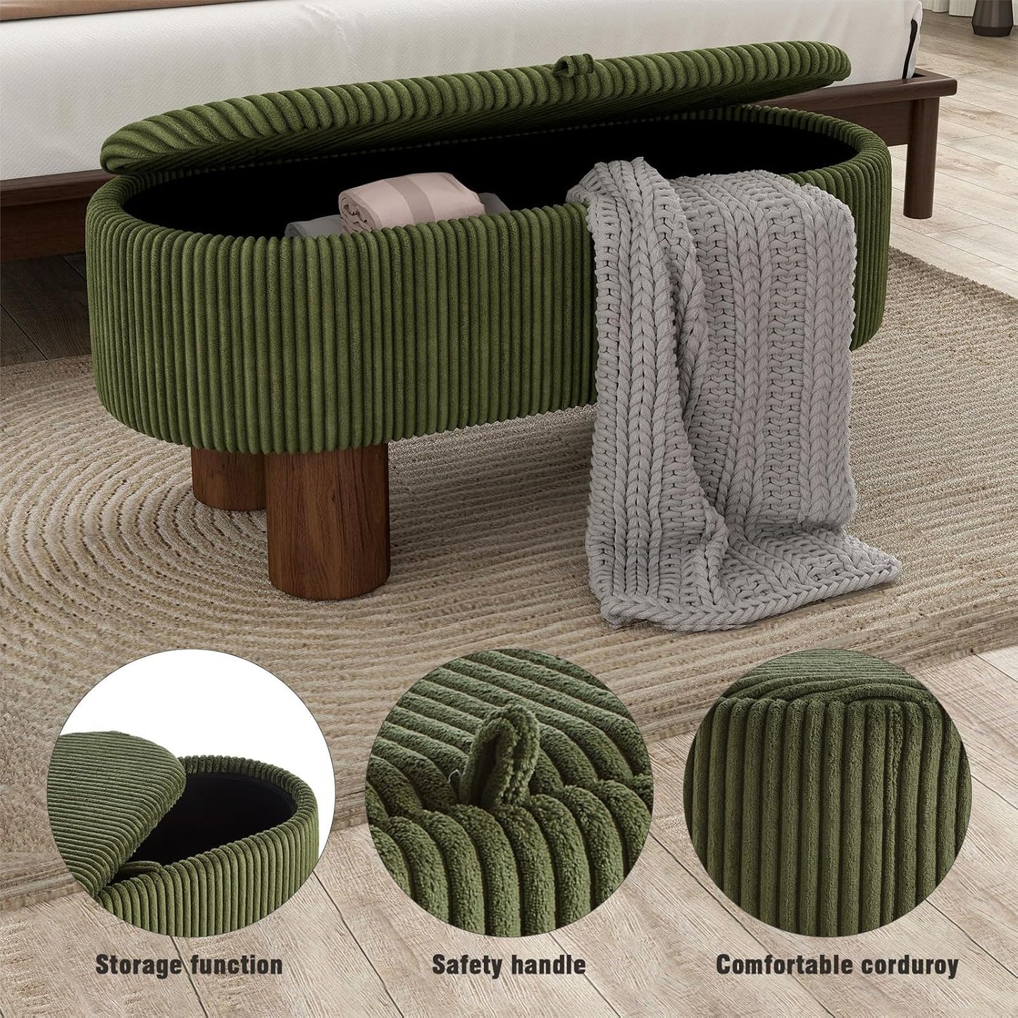 Bench with Storage 43 inch, Upholstered Corduroy Farbic Green Oval Footrest with Hidden Storage, Stool Modern Design Legs for Bedroom, Living Room, and Entryway Furniture Ottoman