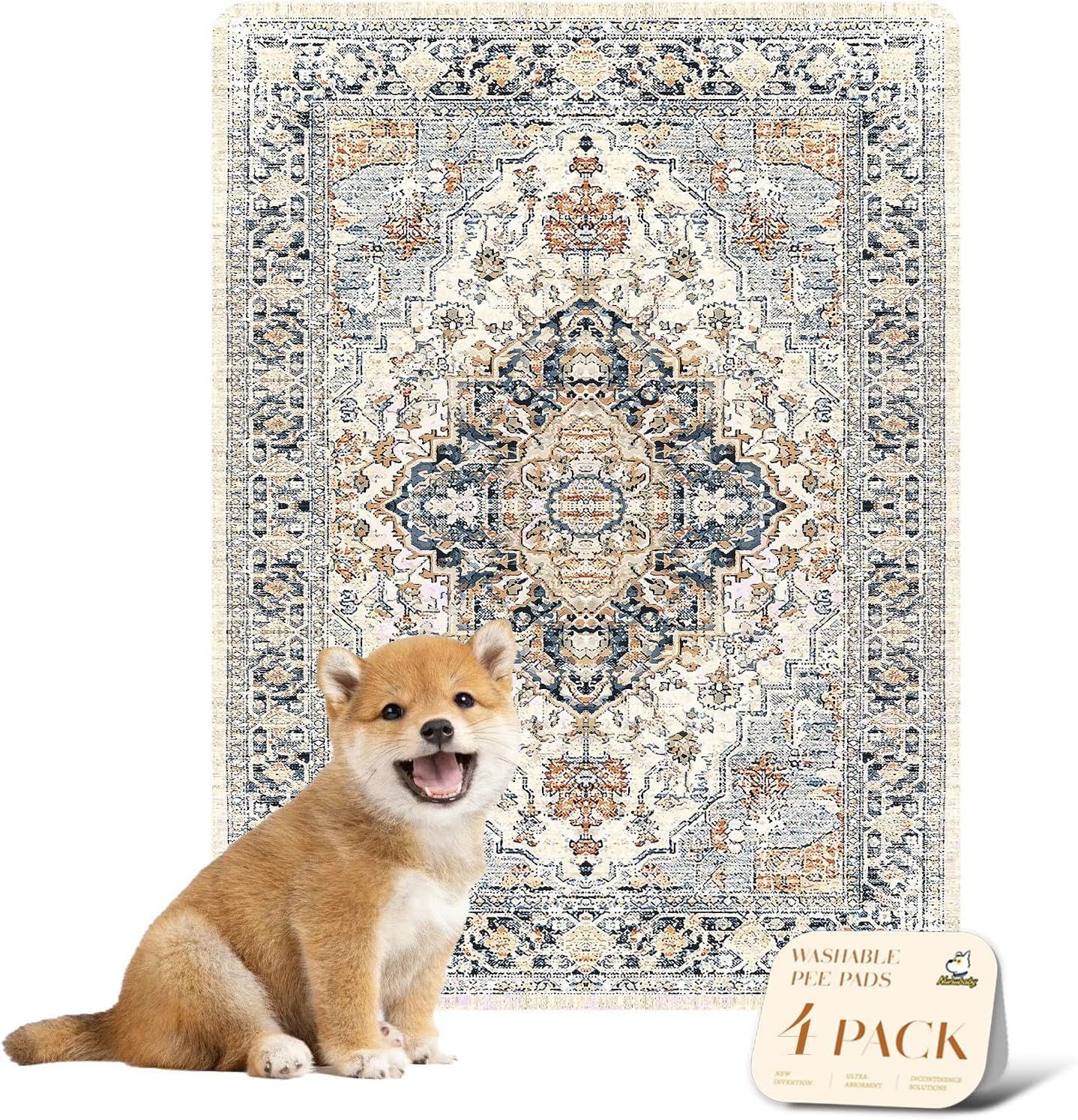 nunubaby 4PACK Washable Pee Pads for Dogs, Stylish, Non-Slip and Leak-Proof Pee Pads. Reusable Potty Pads for Dogs for Crates and Floors.(Beige/Multi, 18" x24")