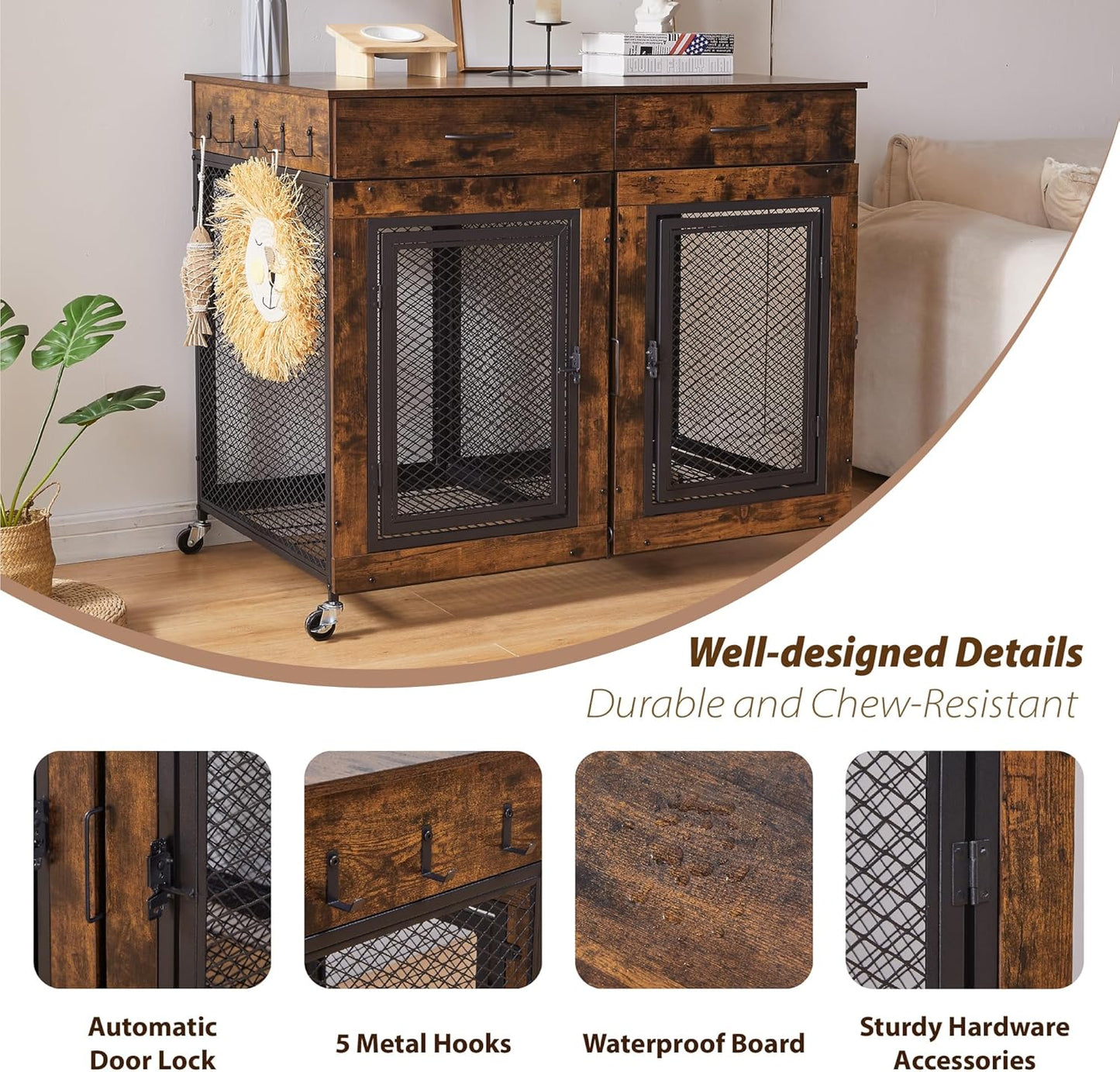 43" Large Dog Crate Furniture, Wood Dog Kennel End Table with Drawers, Decorative Pet Crate with Removable Partitions & Wheels, Dog House Indoor for Large/Medium/Small Dogs