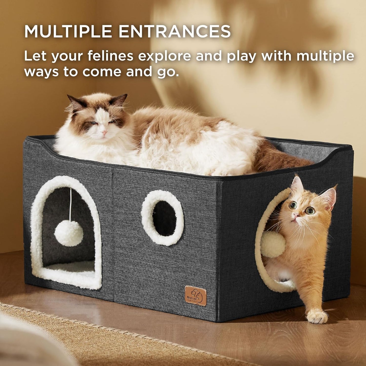 Bedsure Large Cat Beds for Indoor Cats - Extra Wide Cat Cube House for Small Pet with Fluffy Ball Hanging and Scratch Pad, Foldable Pet Cave Hideaway for Multiple Cats, 23.6x16.9x13 inches, Dark Grey
