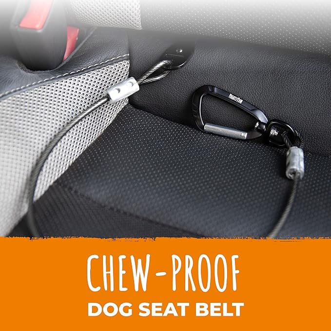 Mighty Paw Dog Seat Belt - Chew-Proof Metal Safety Restraint - Steel Braided Vehicle Tether - Rock Climbers Carabiner Included - Pet Car Leash Seat Belts - Dogs Car Safety Harness -Black, 40cm