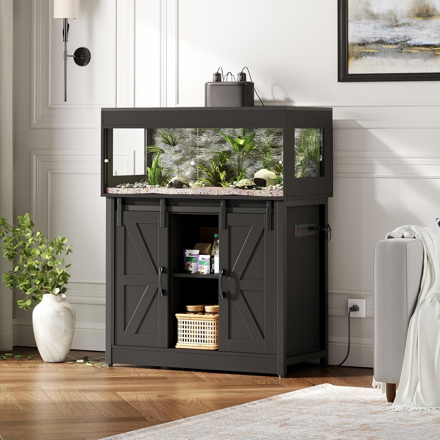 40 Gallon Reptile Terrarium with Stand, Reptile Tank with Barn Door and Storage, Vivarium with Acrylic Doors, Ventilated Mesh Top & Power Outlet, for Geckos, Lizards, Snakes Black PX06RTB