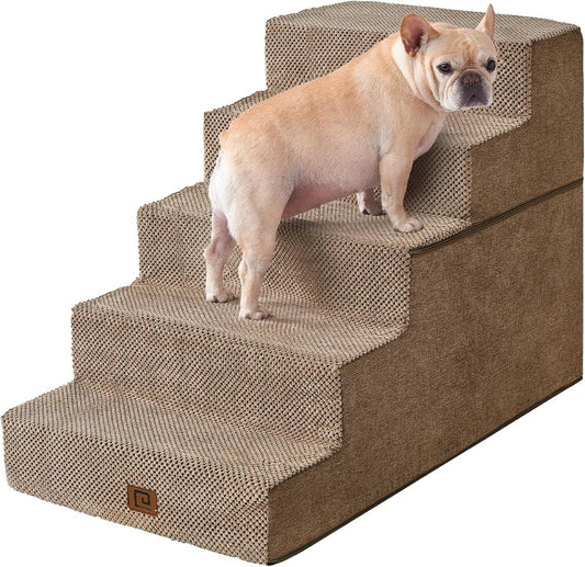 EHEYCIGA Dog Stairs for High Bed 25" H, 5-Step Extra Wide Dog Steps for Bed, Pet Steps for Small Dogs and Cats, Non-Slip Balanced Pet Ramp Indoor, Camel