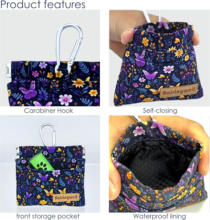 Dog Treat Pouch, Pocket Sized Pet Training Pouch, Cotton Fabric, Hand Free Purple Flower Dog Walking Bag with Carabiner, Self-Closing Pet Feed Snack Reward, for Puppy Travel or Outdoor Use