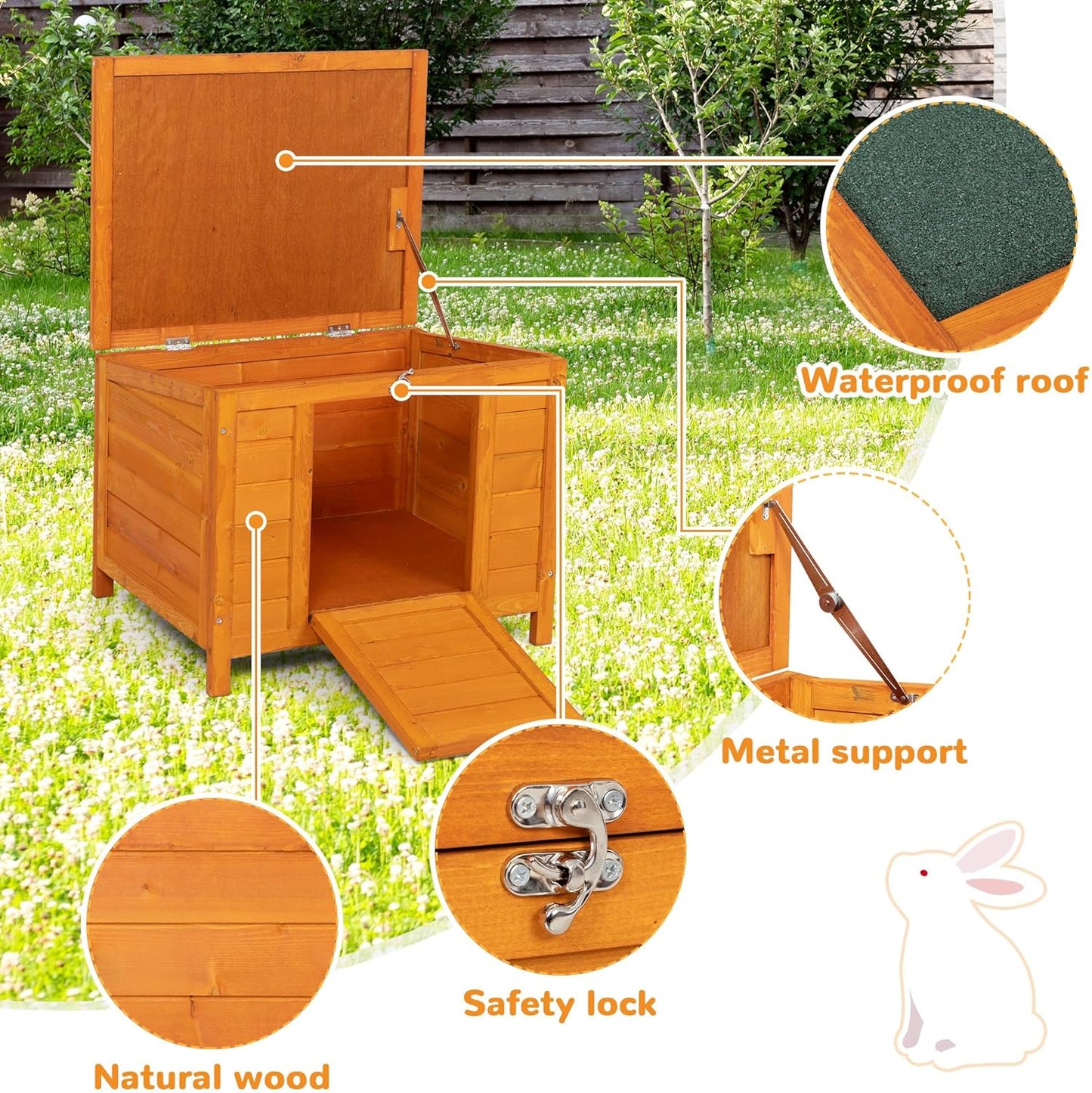 COZIWOW 24inches Wooden Catio Outdoor Cat House Small Animal House，Rabbit Hutch Indoor，Stable Weatherproof Bunny Cage Pet Shelter for Small Cat Dog Rabbit Guinea Pig(Orange)