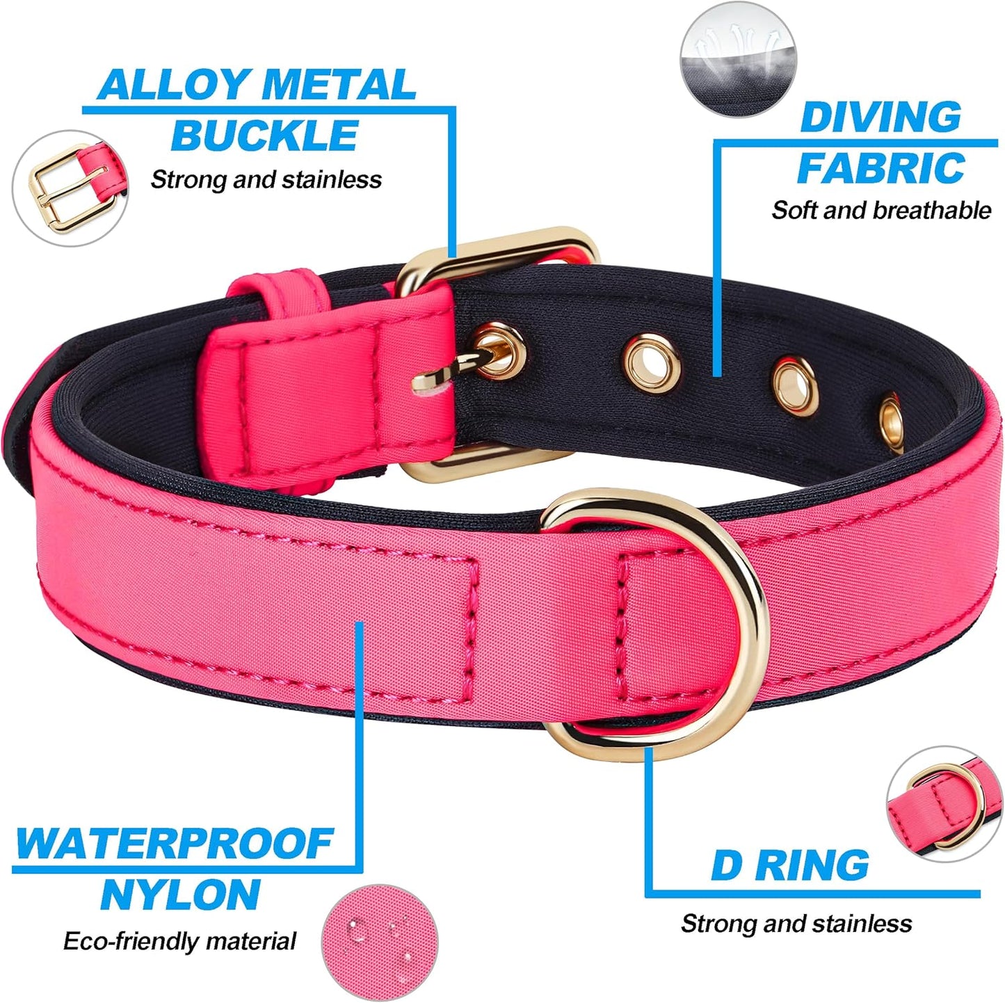 Didog Soft Padded Dog Collars for Small Dogs, Lightweight and Breathable Dog Collar with Metal Buckle, Pink, S