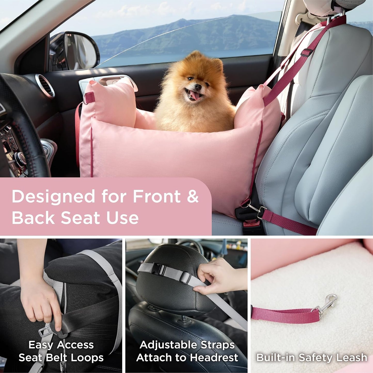 Lesure Small Dog Car Seat for Small Dogs -Soft Dog Booster Seat for Car with Storage Pocket and Clip-On Safety Leash and Thickened Memory Foam Filling, Pet Travel Carrier Bed Strawberry Cream