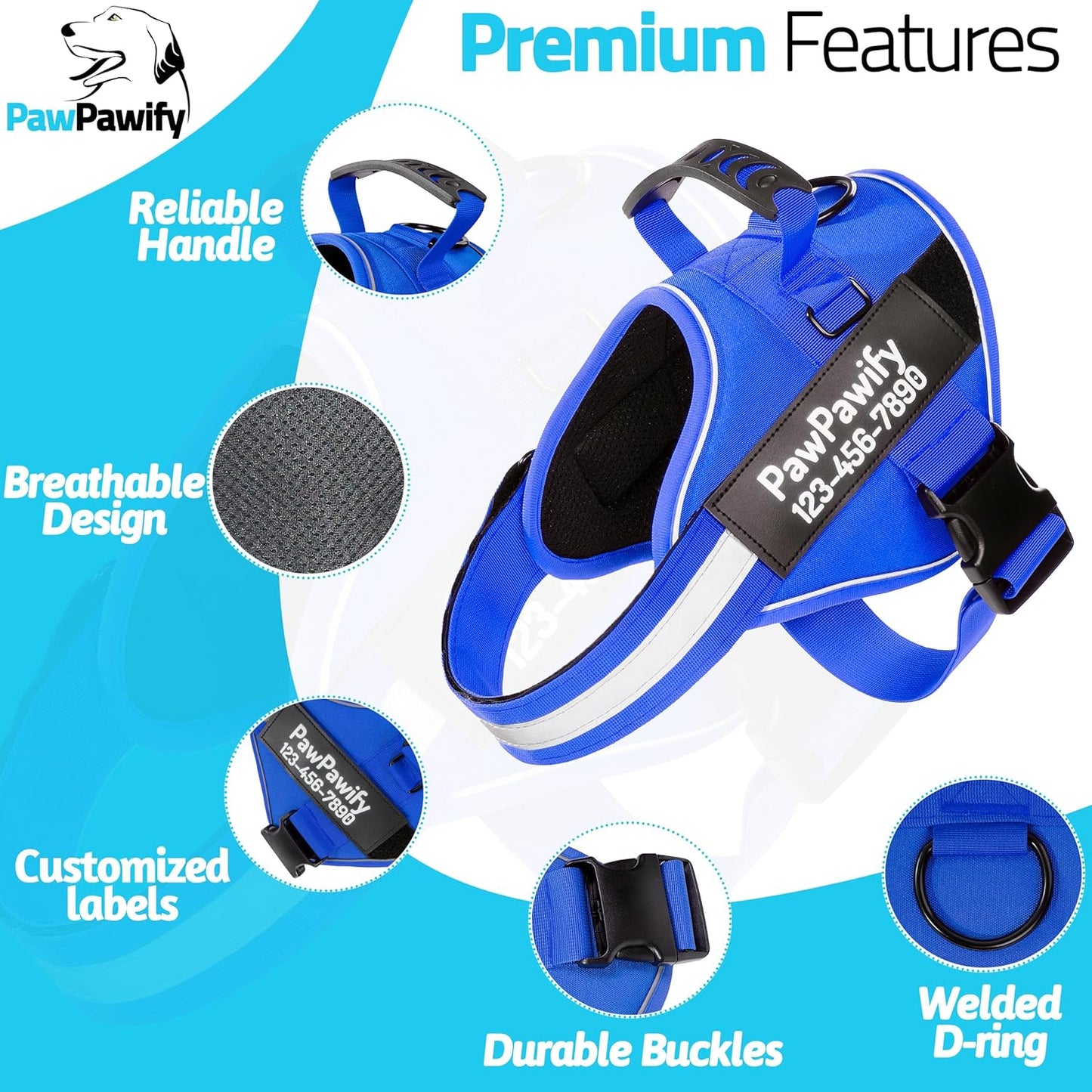 PawPawify Custom No Pull Dog Harness with Name and Phone Number, Heavy Duty Personalized Pet Vest to Prevent Tugging, Pulling, or Choking, Training and Walking (New Blue, XS (5-9LBS))