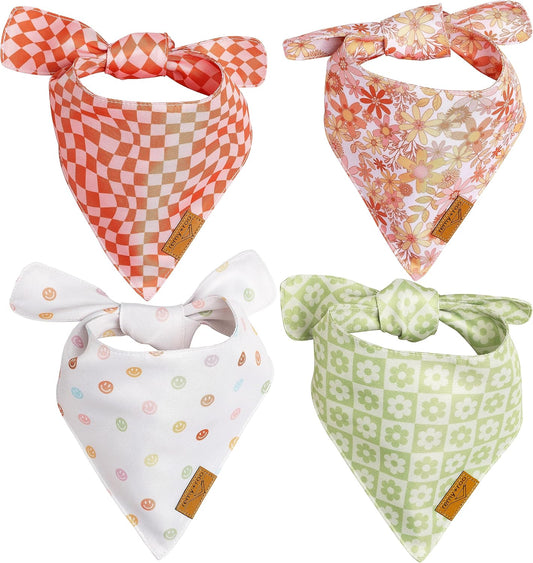 Remy+Roo Large Spring Dog Bandanas - 4 Pack Daisy Set | Premium Durable Adjustable Polyester Fabric | Patented Shape Girl Dog Bandana, Trendy Pattrens, Floral Dog Bandana